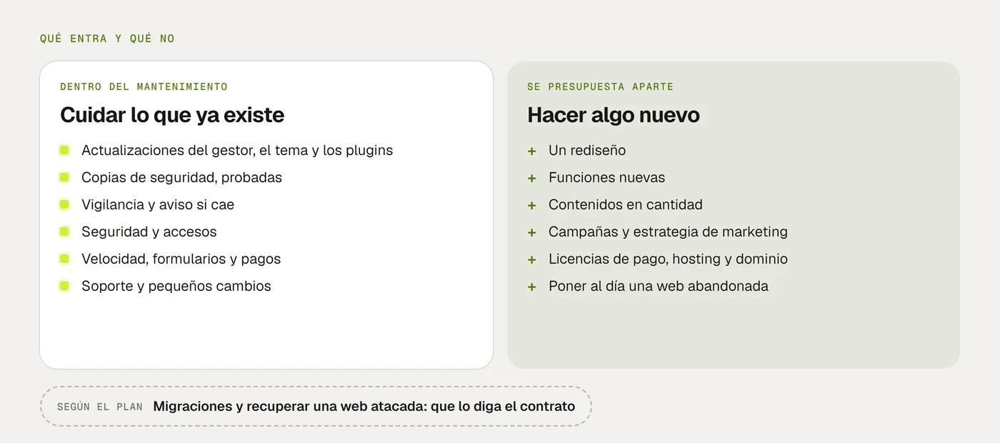 Dos columnas: dentro del mantenimiento (actualizaciones, copias, vigilancia, seguridad, velocidad, formularios, soporte y pequeños cambios) y lo que se presupuesta aparte (rediseño, funciones nuevas, contenidos en cantidad, campañas, licencias de pago y poner al día una web abandonada).